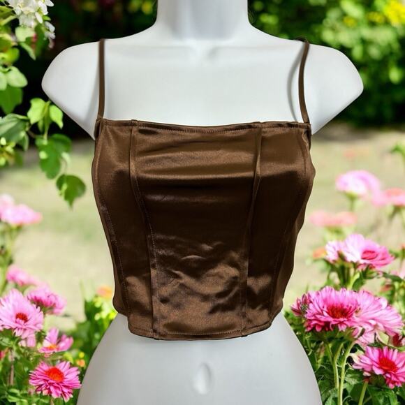 Divided By H&M Silky Brown Corset Crop Top Sz Small Laced Back Blouse New - Picture 1 of 9